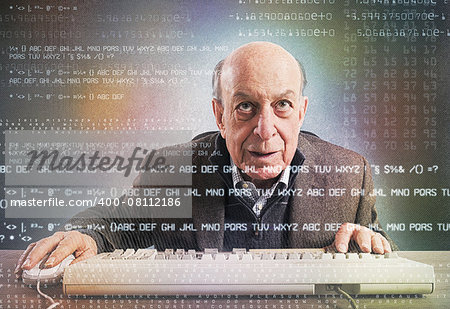 Elderly hacker nerd makes an antivirus test