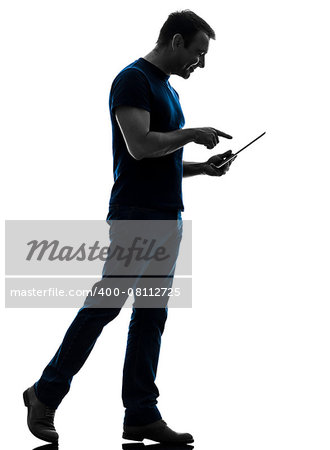 one  man touchscreen digital tablet in silhouette on white background
