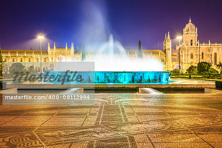 Belem, Lisbon, Portugal at the Jeronimos Monastery fountain at night.