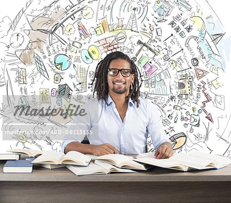 Man studies books to find business innovative ideas