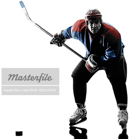 one caucasian man ice hockey player  in studio  silhouette isolated on white background