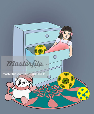 A commode with a doll lying in a drawer and a teddy bear sitting next to.