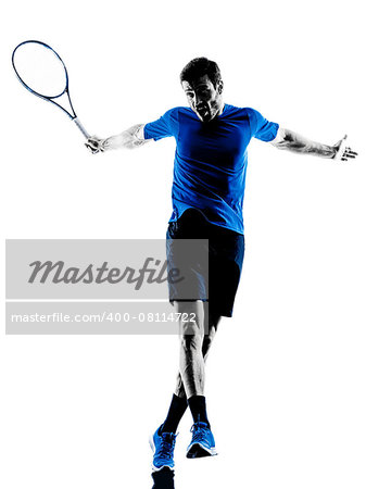 one caucasian man playing tennis player in studio silhouette isolated on white background