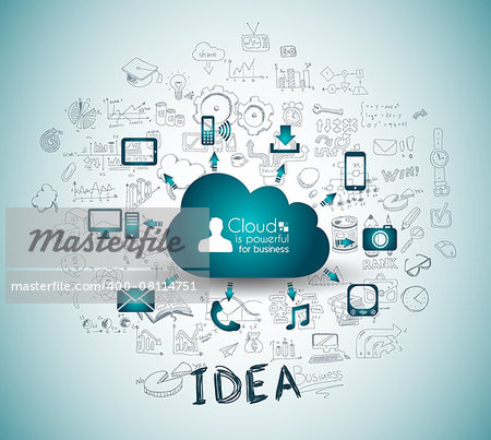Cloud Computing with Business doodles Sketch background: infographics vector elements isolated, . It include lots of icons included graphs, stats, devices,laptops, clouds, concepts and so on.