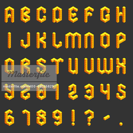 Full set of yellow isometric alphabet and numbers