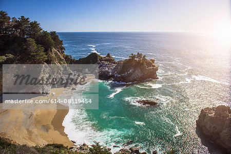 High angle view of beach and sea, Big Sur, California, USA