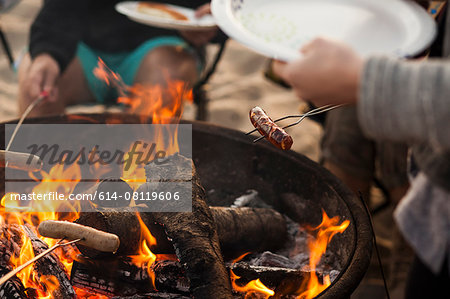 Group of friends having barbecue on beach