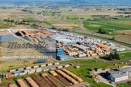 Aerial view of stacked tree trunks and planks in timber yard