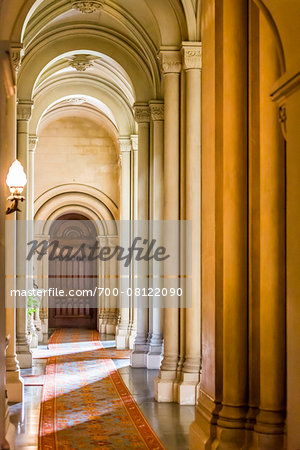 Hallway with arches, Penrhyn Castle, Llandegai, Bangor, Gwynedd, Wales, United Kingdom