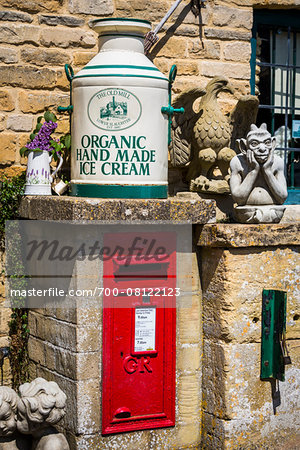 Close-up of mailbox and storefront display, Old Watermill gift shop, Lower Slaughter, Gloucestershire, The Cotswolds, England, United Kingdom