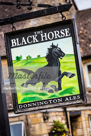 Close-up of sign for the Black Horse Inn, Naunton, Gloucestershire, The Cotswolds, England, United Kingdom