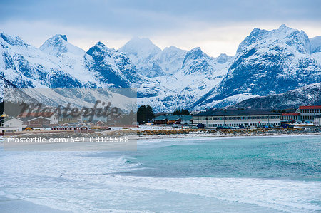 Reine fishing village covered in snow, Norway