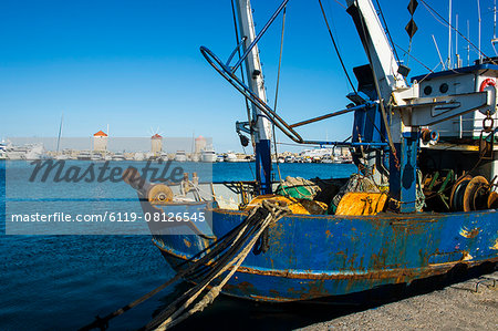 Fishing boat in the habour of the city of Rhodes, Rhodes, Dodecanese Islands, Greek Islands, Greece, Europe