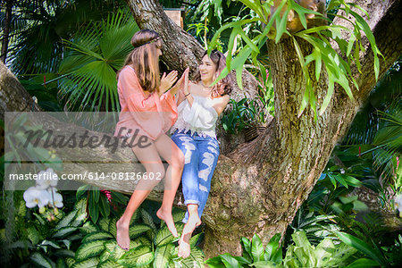 Two young female friends playing clapping game in tree