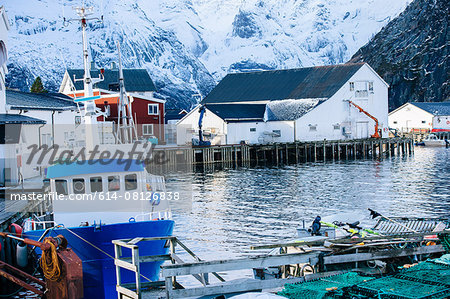 Fishing boat by dock, Reine, Norway