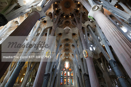 Sagrada Familia basilica pillars and stained glass. Barcelona. Spain.