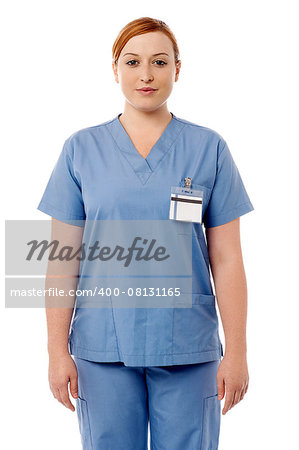 Confident female nurse on white background