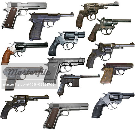 Set of isolated vintage personal firearms of XX century on white