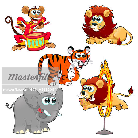 Funny circus animals. Cartoon vector isolated characters.