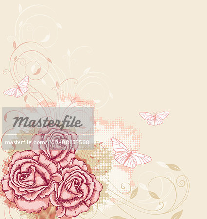 Vector decorative  background with pink roses and butterflies