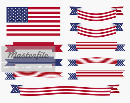 Set of american USA flag, banners and ribbons patriotic design elements. EPS8 vector illustration.