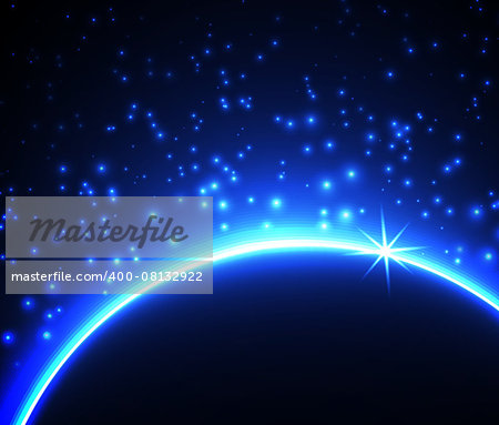 Space planet in the rays of light. Vector background.