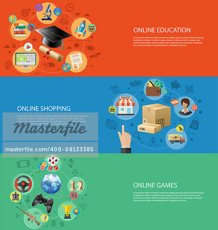 Concepts for Online Internet Technology - Education, Shopping and Games with 3D and Flat Icons. Can be used for web banners and printing advertising. Vector Illustration.