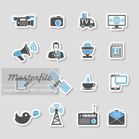 Media and News Icons Sticker Set with Journalism, Television, Newspaper and SMS in two color. Vector illustration.