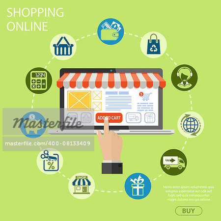 Vector illustration in style flat different icons on theme of retail sales, marketing, online shopping, delivery of goods, such as shop, technical support, piggy bank, gift signs and symbols.