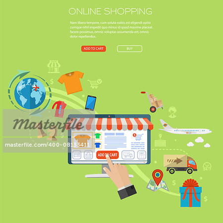 Vector illustration in flat style different icons on theme of retail sales, marketing, online shopping, delivery of goods, such as computer, shop, airplane, smartphone signs and symbols