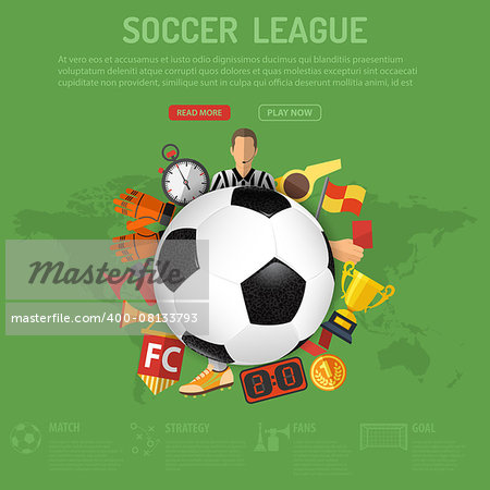 Football Poster with Soccer Ball and Attributes Icons. 3D Realistic and Flat icons such as referee, trophy, red card. Can be used for flyer, poster and printing advertising. Vector Illustration.