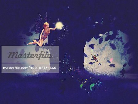 Cute fairy with magic sparkling dust flying at night time.