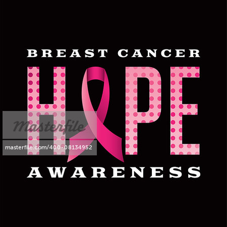 An illustration of a Breast Cancer Awareness Hope message written in pink polka dots and a pink cancer awareness ribbon. Vector EPS 10 available.