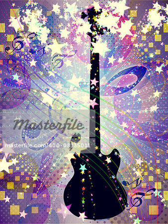 Illustration of abstract colorful funky musical background with guitar.