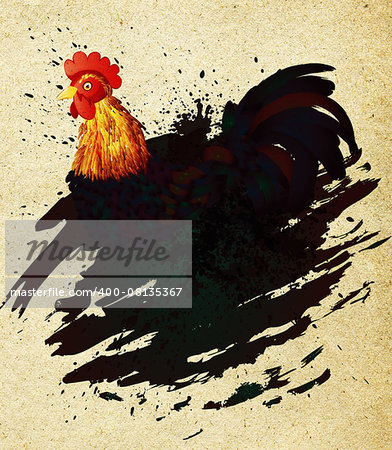 Colorful rooster illustration with grunge ink splatters on paper background.