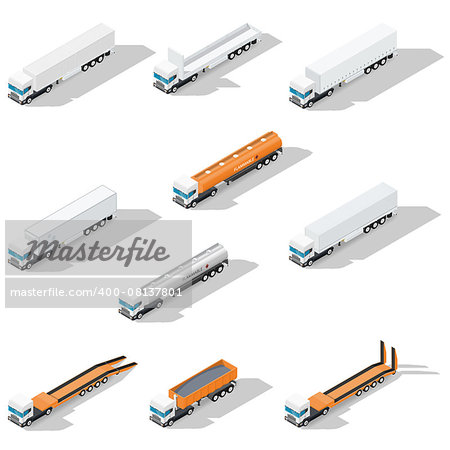 Trucks with semitrailers detailed isometric icon set, front view, vector graphic illustration