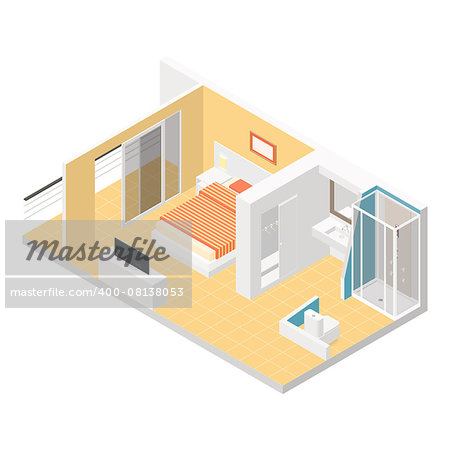 Hotel room isometric detailed set vector graphic illustration