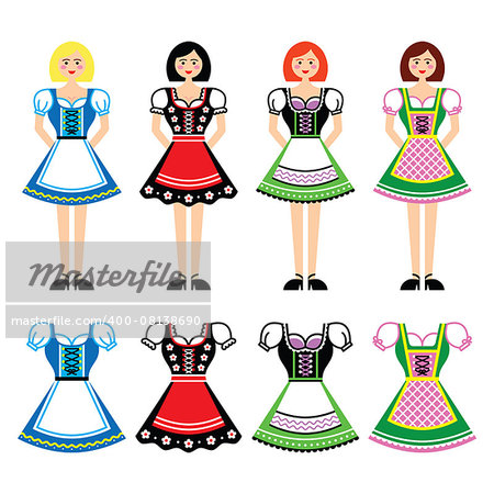 Vector icons set of German traditional women's outfit worn on Octoberfest and other beer festivals isolated on white