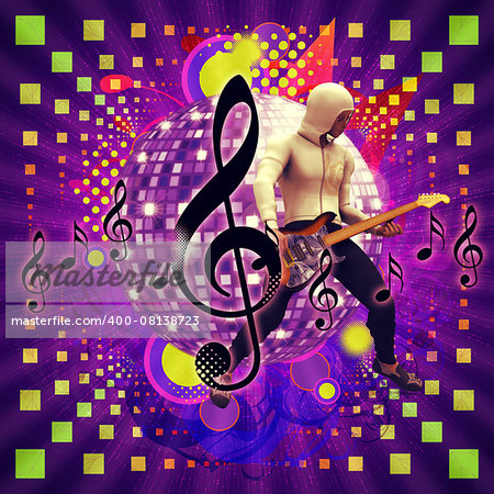 Illustration of abstract musical background with music notes and guitar player.
