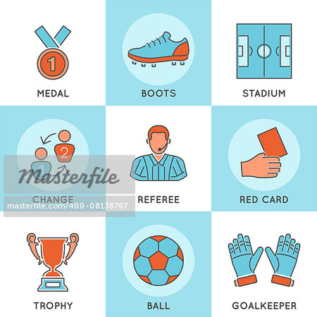 Soccer and Football Thin Lines Color Web Icon Set with Flat Elements for Flyer, Poster like Referee, Ball and Trophy.