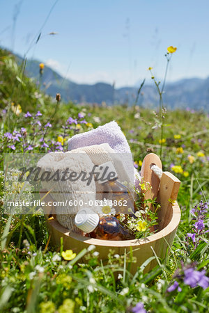 Bucket with Homeopathic Medicine in Flower Field, Strobl, Salzburger Land, Austria