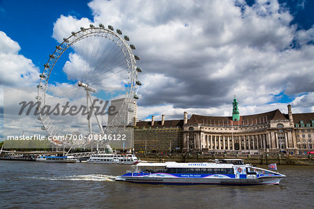 River Bus on Thames River and London Eye, London, England, United Kingdom