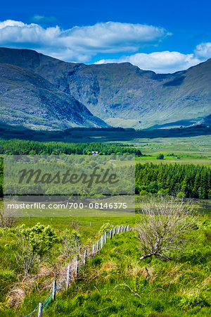 Scenic view of fields and mountains along the Ring of Kerry, County Kerry, Ireland