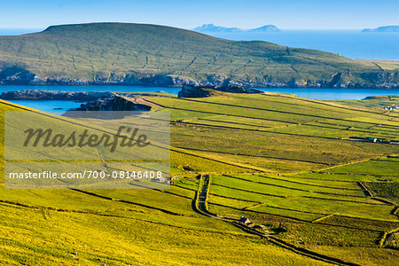 Scenic overview of farmland, Portmagee, along the Skellig Coast on the Ring of Kerry, County Kerry, Ireland