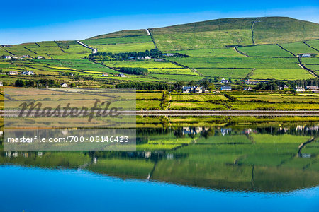 Scenic view of farmland and coast, Valentia Island, along the Skellig Coast on the Ring of Kerry, County Kerry, Ireland