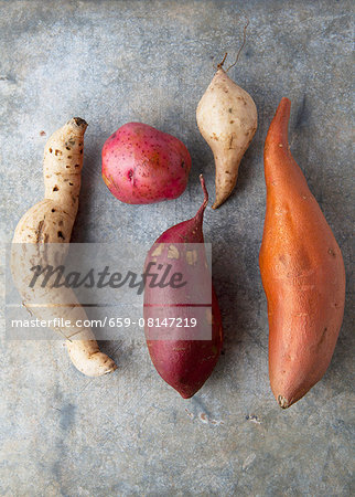 Various types of potatoes on a metal surface