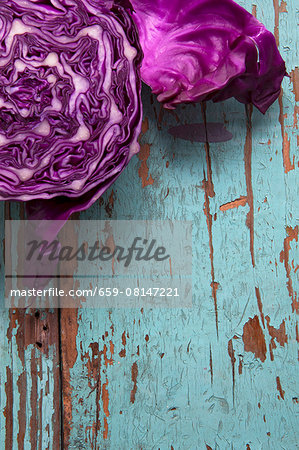 Red cabbage on a rustic wooden board