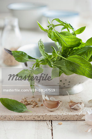Fresh basil leaves in a colander with pine nuts and garlic