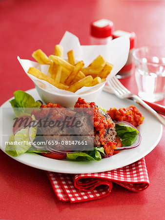 Mincemeat steaks with a pepper sauce and chips