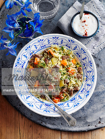 Pilau rice with beef and vegetables (seen from above)